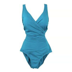 Jantzen Classics Women's Teal Ruched Hi-Cut V-Neck One-Piece Bathing Swimsuit